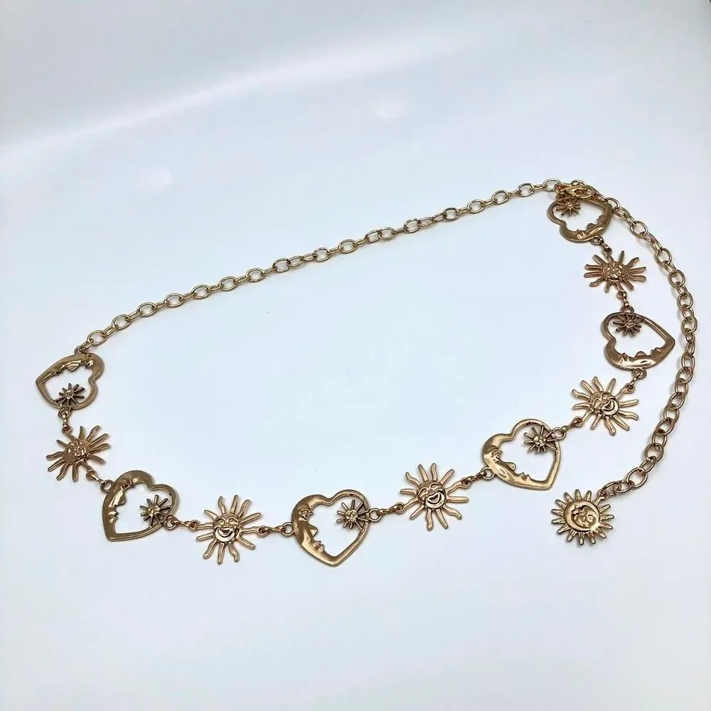 Celestial Gold Sun Heart Crescent Moon Chain Belt, Fits 20–39.5 Inches, X7GA1158